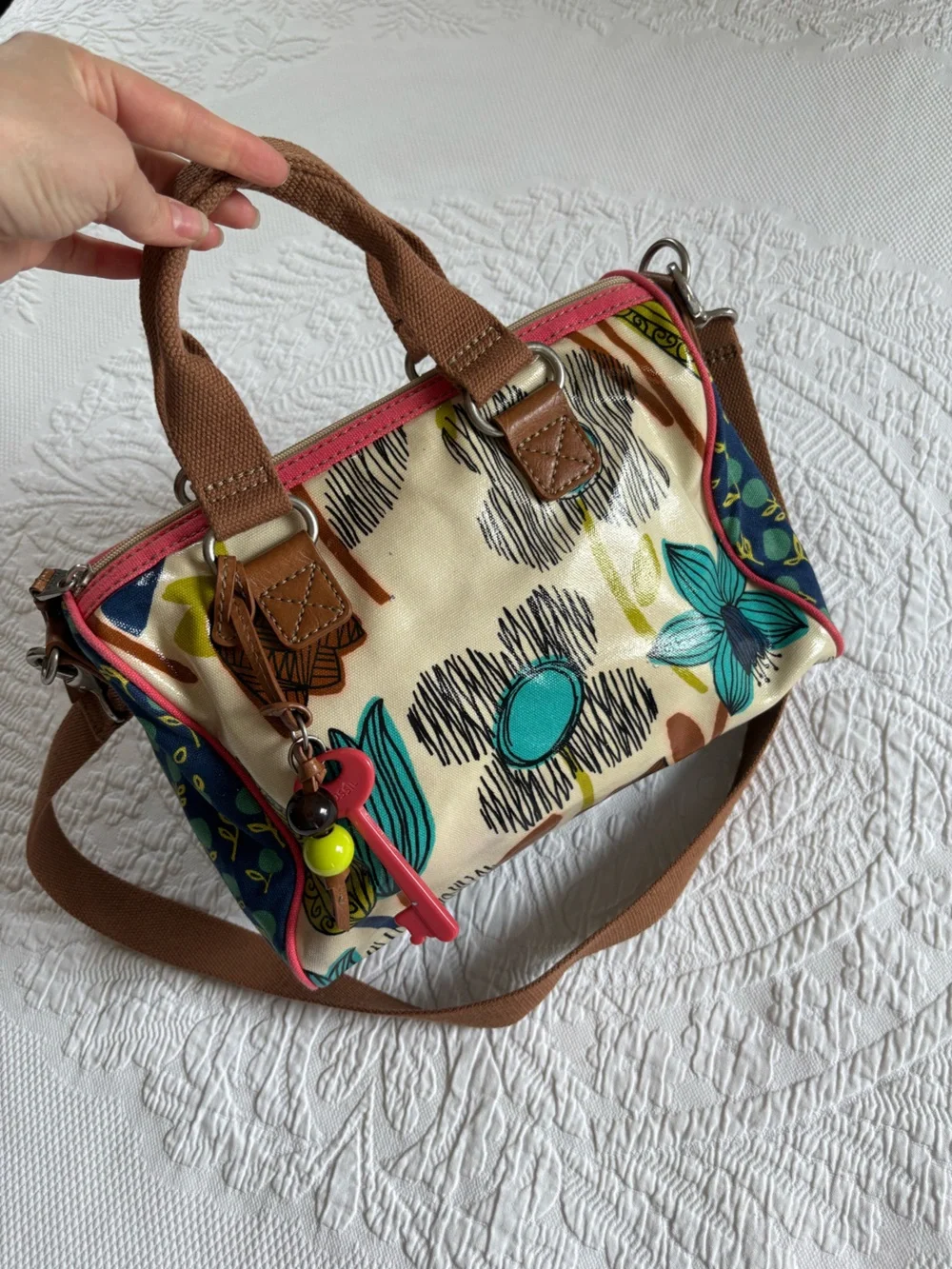 Fossil Key-Per mod floral handbag satchel shoulder bag coated canvas retro